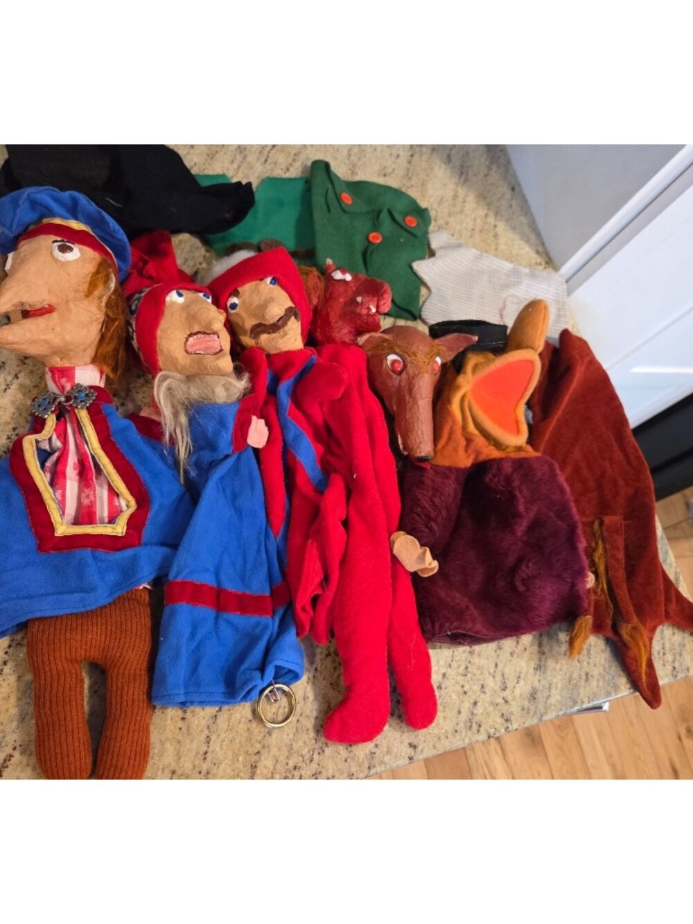 Lot of 6 puppets. Paper Mache Devil Wolf People outfits hats. Crazy Critters